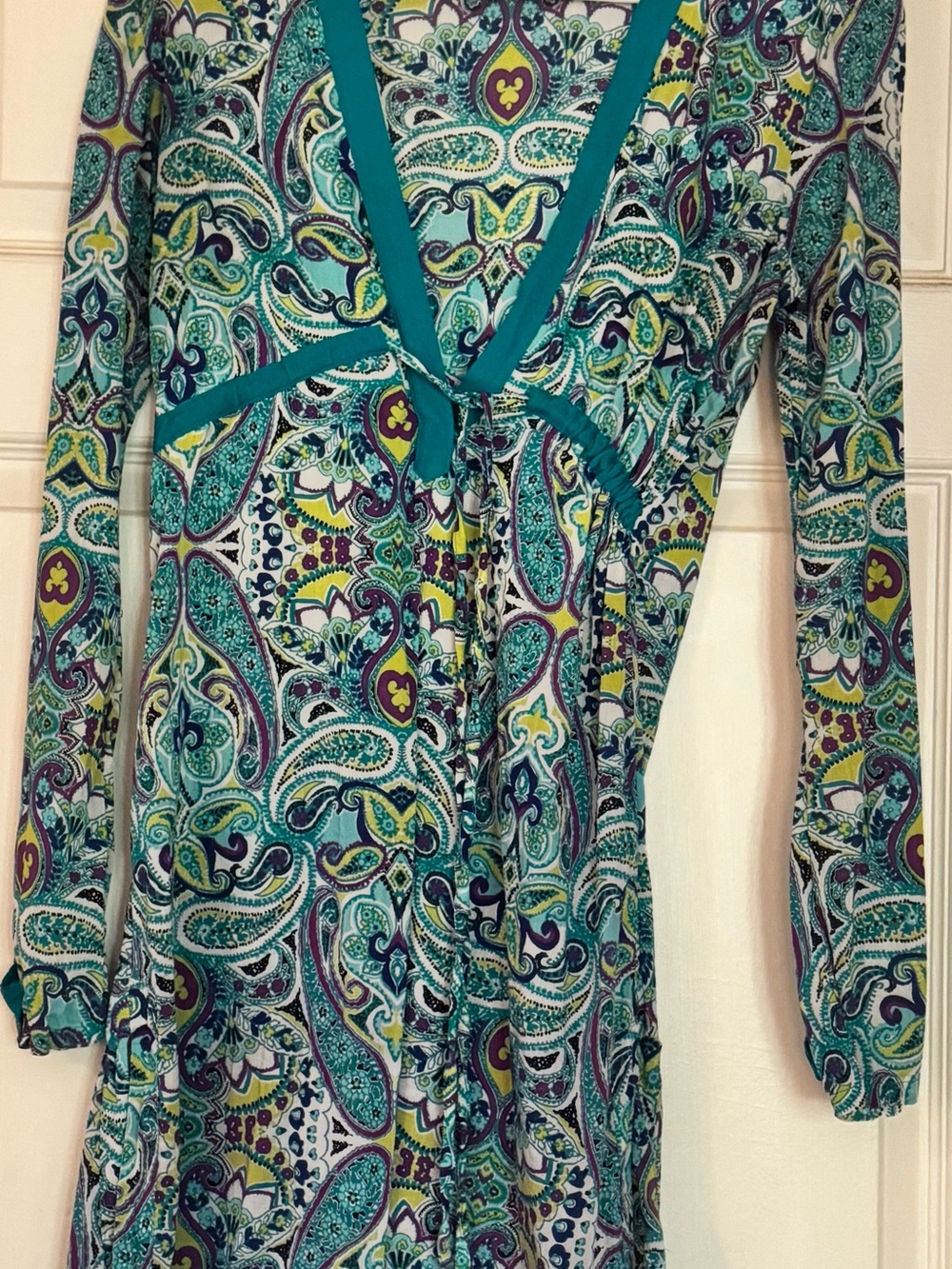 Athleta Teal Paisley V-Neck Tie-Waist Tunic with Teal Trim